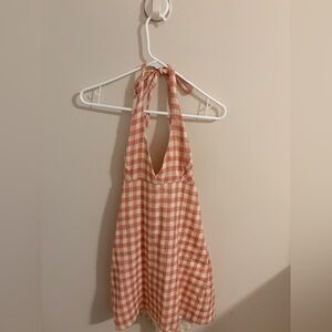 Zara Peach and Cream Checkered Halter Dress